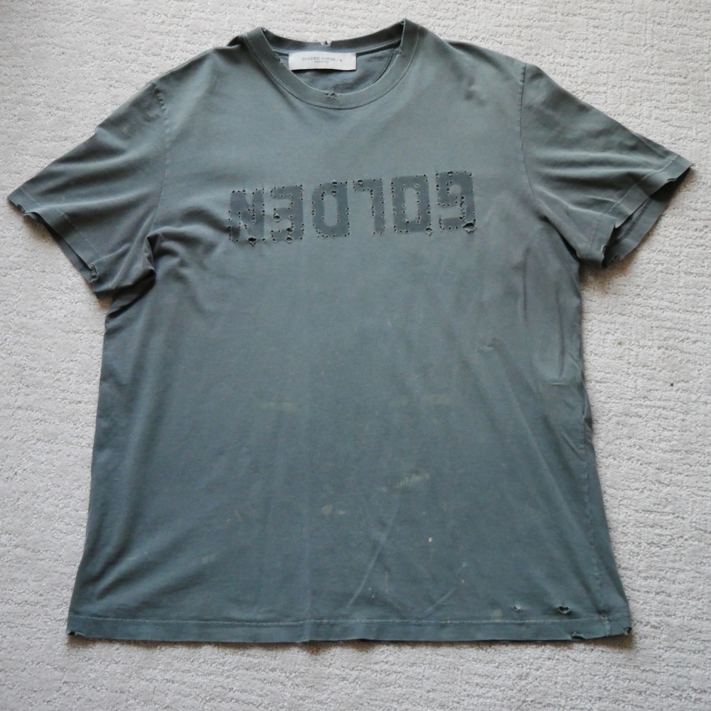 Golden Goose Deluxe Brand Distressed Logo T-Shirt Grey Blue Made Italy XXL Men